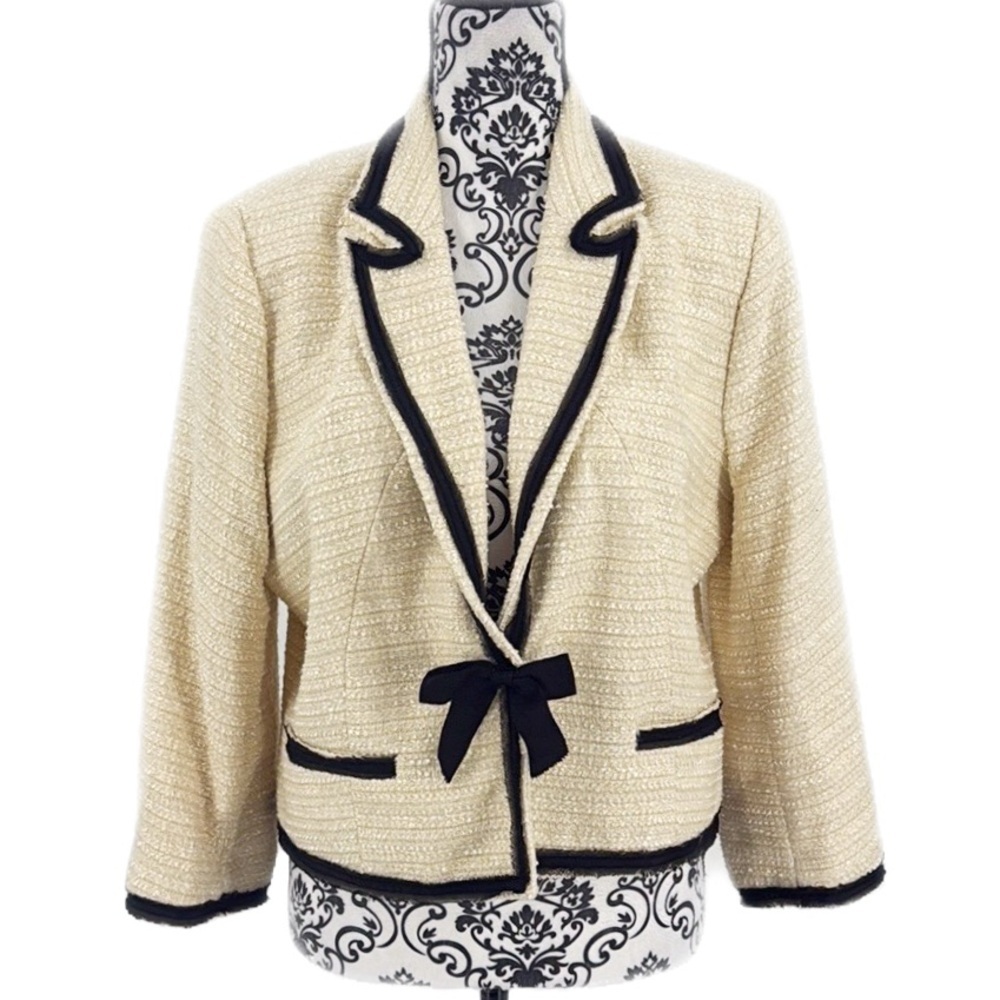 Cass Cream Tweed Woven Textured Bow Clasp Classic Jacket Office Blazer, 14